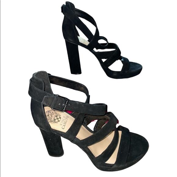 Vince Camuto Black True Suede Catyna Chunky High Heel Sandals size 10M New - Picture 1 of 7